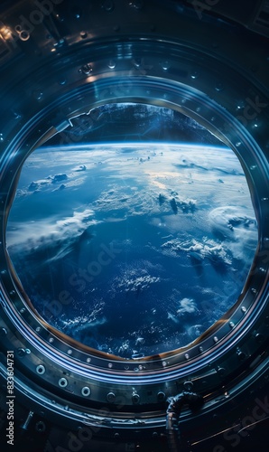 spaceship window with sunrise over planet view, space station porthole illuminator with planetary sunset view, astronomy background concept