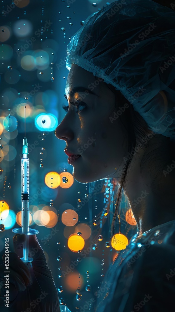 A nurse in a shower cap holding a syringe, with city lights in the background. Rain droplets on glass create a dramatic, reflective scene. A nurse in a shower cap holding a syringe, with city lights in the background. Rain droplets on glass create a dramatic, reflective scene.