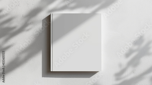 Blank square photorealistic brochure mockup on white wall