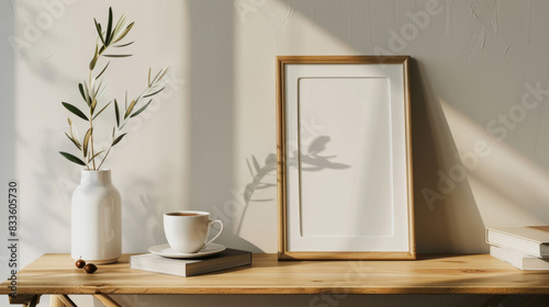Minimalist breakfast scene with coffee, books, and plant