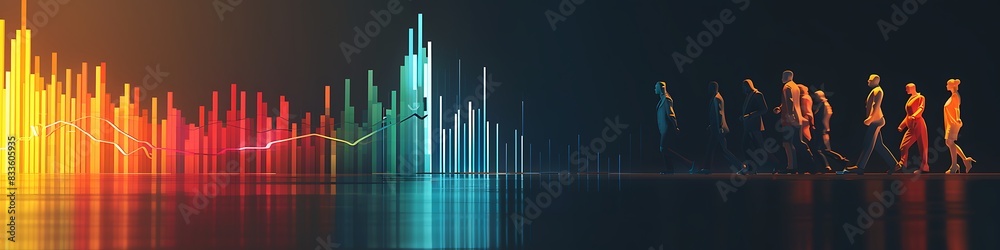 A futuristic bar graph with a dramatic, glowing spike showing a sharp increase in stock values, and diverse, stylized people icons to depict the wealth gap.