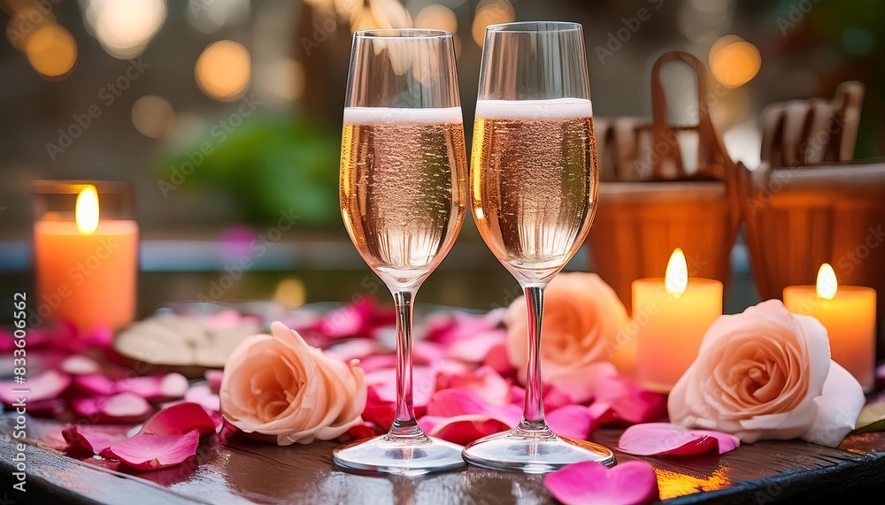 Sparkling champagne flutes surrounded by rose petals and candles, perfect for a romantic evening or special celebration. Sparkling champagne flutes surrounded by rose petals and candles, perfect for a romantic evening or special celebration.