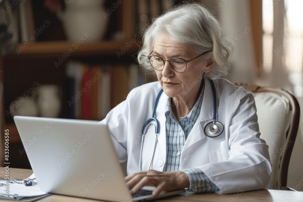 Senior Female Doctor Researching on Laptop in Medical Office Senior Female Doctor Researching on Laptop in Medical Office