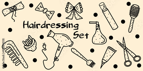 Doodle Hairdressing set: scissor, hair dryer, comb, diffuser, atomizer, paint brush, bow, headband editable stroke. Vector hand drawn illustration in black, beige colors. Isolated on beige background	 photo