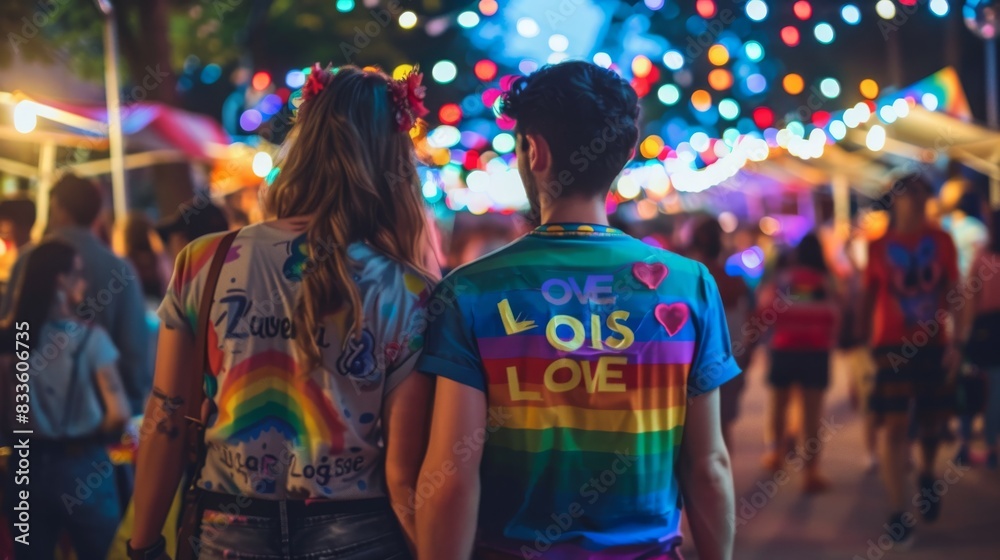 Couple seen from behind, walking hand in hand in a park, colorful rainbow outfits, flowerfilled pathway, clear blue sky, love and nature, peaceful spring day, vibrant setting