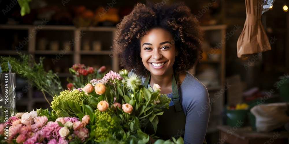 Joyful Black Female Florist Thriving in Her Small Business Shop. Concept Female Entrepreneurship, Floral Arrangements, Small Business Success Joyful Black Female Florist Thriving in Her Small Business Shop. Concept Female Entrepreneurship, Floral Arrangements, Small Business Success