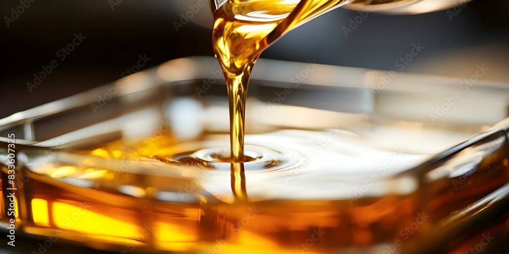 Pouring Yellow Engine Oil into a Car's Engine: Close-Up Shot. Concept Engine Maintenance, Automotive Care, Vehicle Detailing, Close-Up Photography, Automotive Fluids