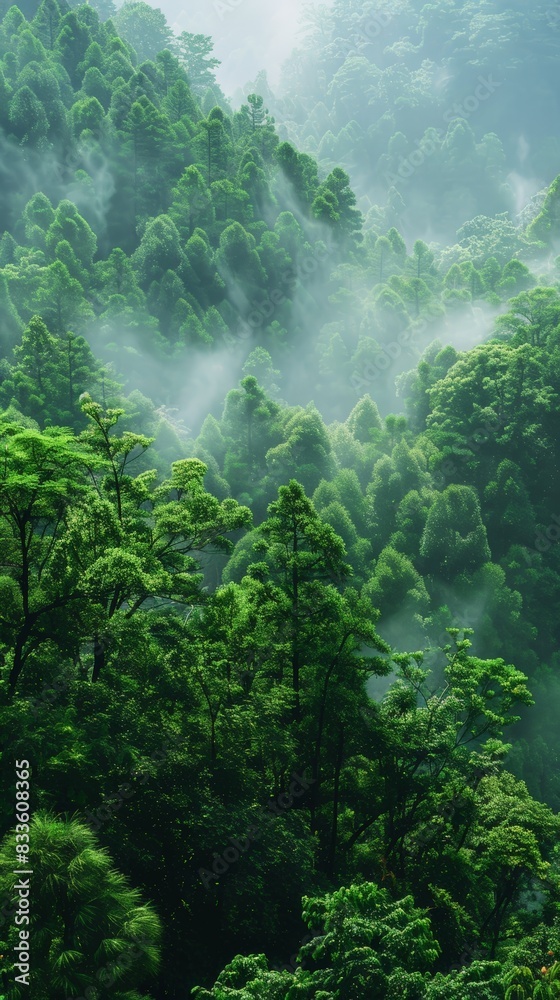 A lush green forest with trees in the foreground and background A lush green forest with trees in the foreground and background
