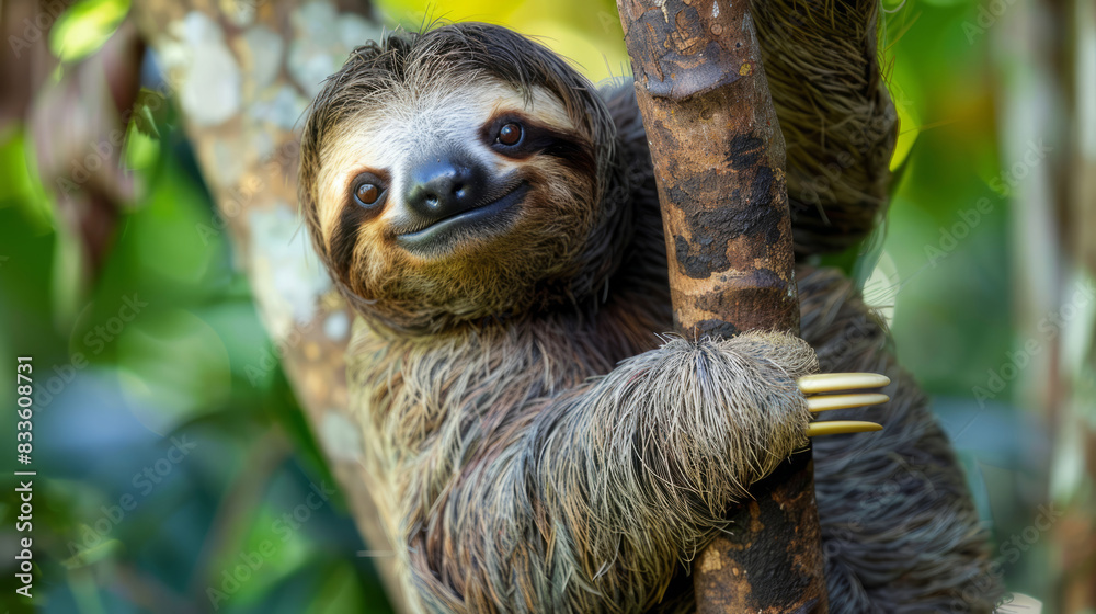 Cute sloth hanging on a tree branch in the jungle Cute sloth hanging on a tree branch in the jungle
