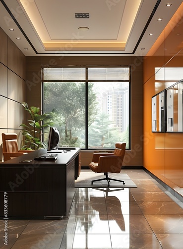 Modern office interior design with large windows and a view of the city