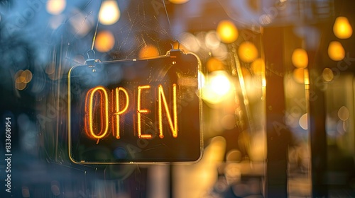 A bright neon "Open" sign hangs in a storefront window, glowing warmly in the evening light with bokeh background.