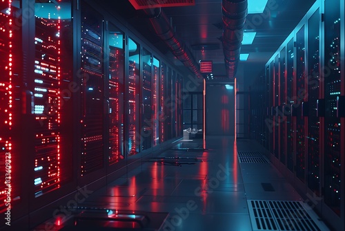 High-tech server racks operating autonomously in a dark facility, illustrating advanced Internet of Things infrastructure. photo