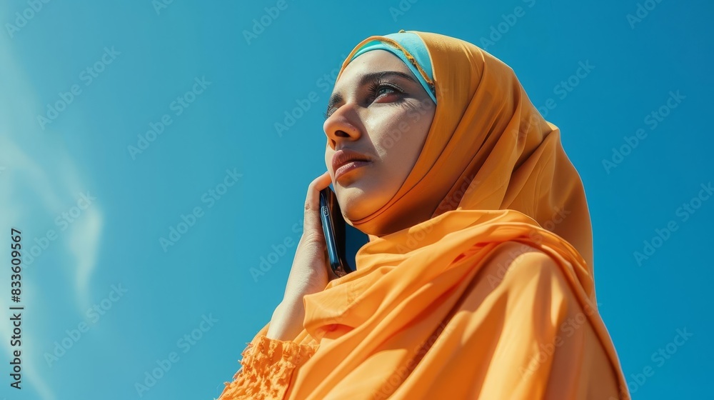 Young woman in a headscarf talking on a smartphone outdoors.