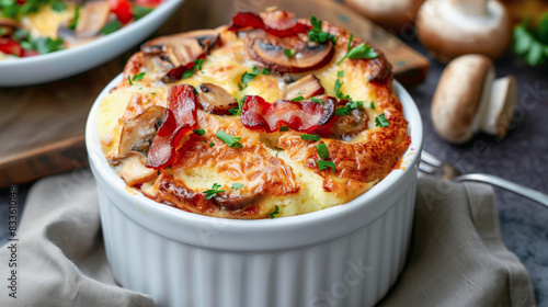 Fictional tasty cheese soufflé with bacon and mushroom in white ceramic ramekin. Concept of easy meals for lunch and light dinners. 