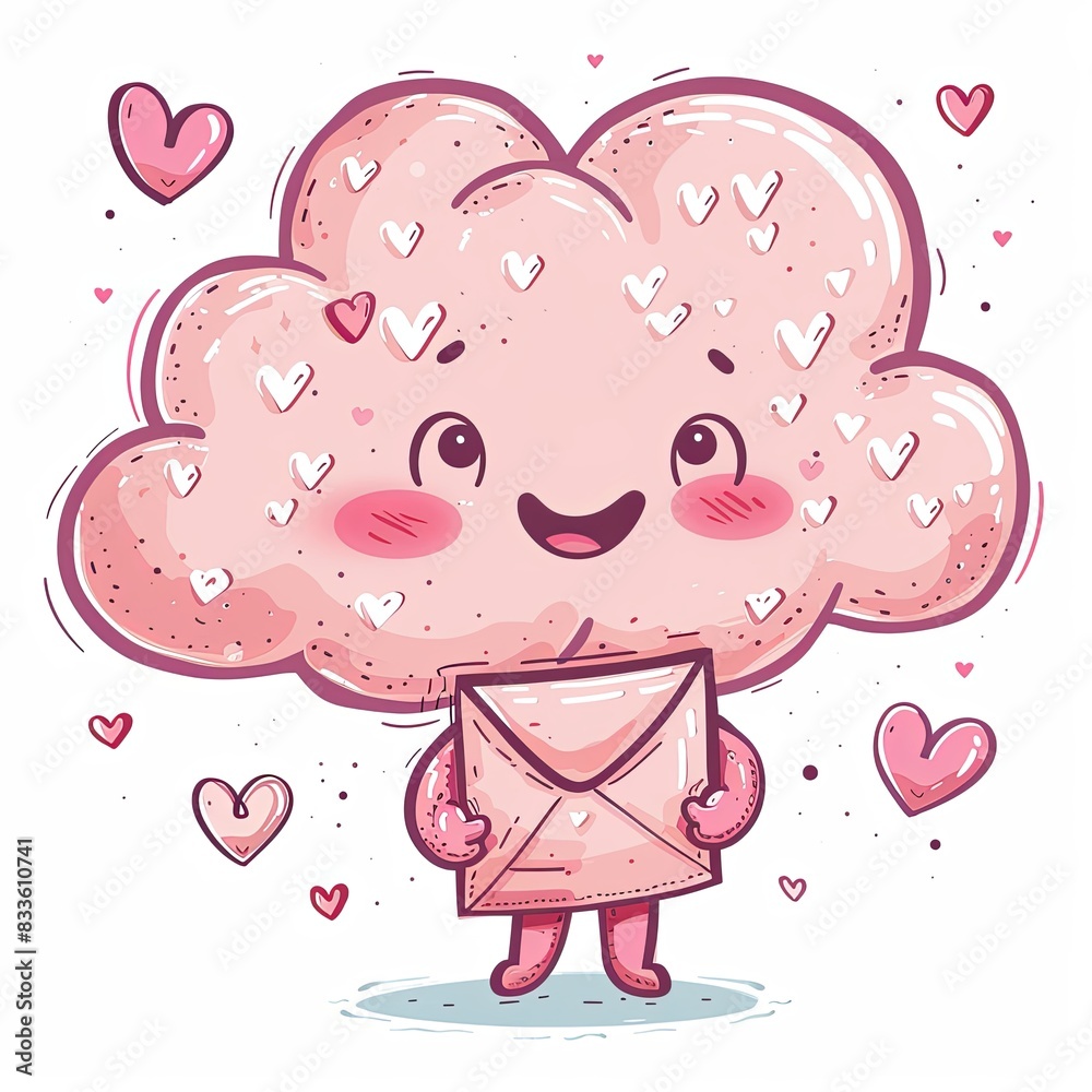 charming cartoon character, resembling a cute pink fluffy monster, stands against a white background, holding a love letter with a cheerful expression amidst many floating hearts. charming cartoon character, resembling a cute pink fluffy monster, stands against a white background, holding a love letter with a cheerful expression amidst many floating hearts.