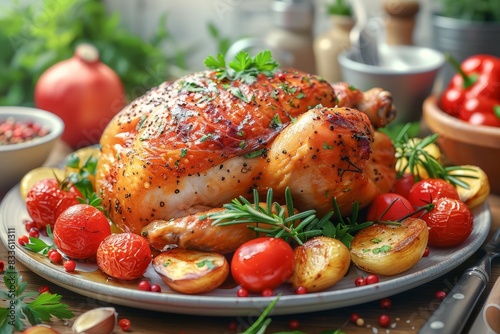 A succulent roasted chicken surrounded by roasted vegetables and herbs on a plate photo