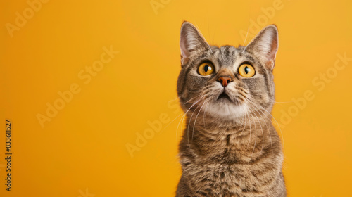 Cute British Shorthair cat portrait against yellow background