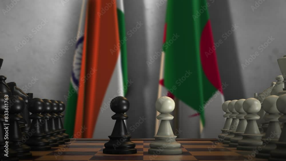 Algeria and India Flags with Chess Game Animation. Politics Concept, Government Conflict Algeria and India Flags with Chess Game Animation. Politics Concept, Government Conflict