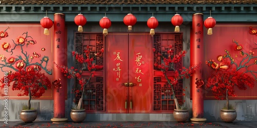 Chinese style architecture with red walls and green tiles photo