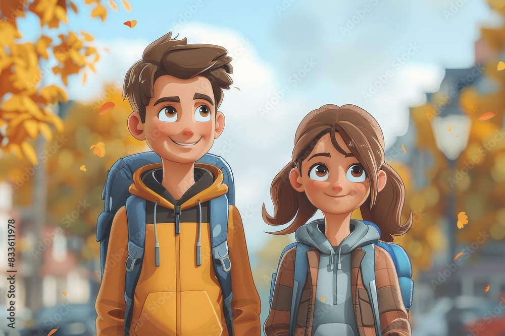 A boy and girl animated characters smiling and walking with an autumn background, depicting friendship A boy and girl animated characters smiling and walking with an autumn background, depicting friendship