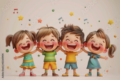 Four joyous cartoon children characters singing together with music notes