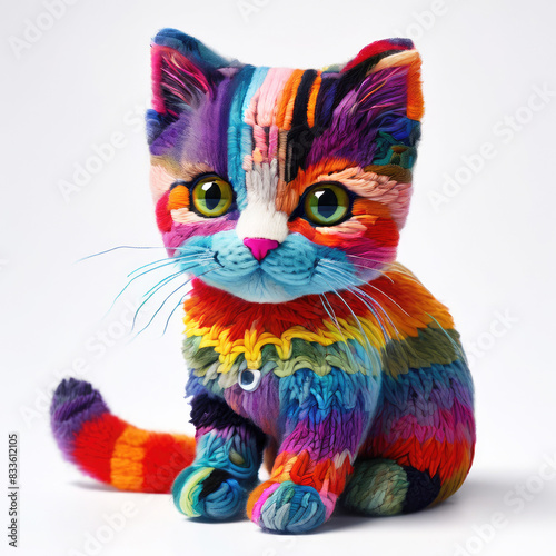 Handmade knitted toy. Funny bright cat.