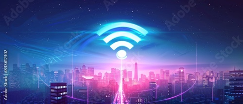 Modern city with wireless network connection and city scape concept. Wireless Signs Encompassing the Globe.