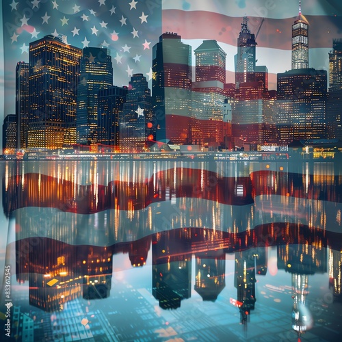 American flag waving with an urban skyline and illuminated buildings on Independence Day, focus on, waterfront reflections, realistic, Double exposure, downtown backdrop photo