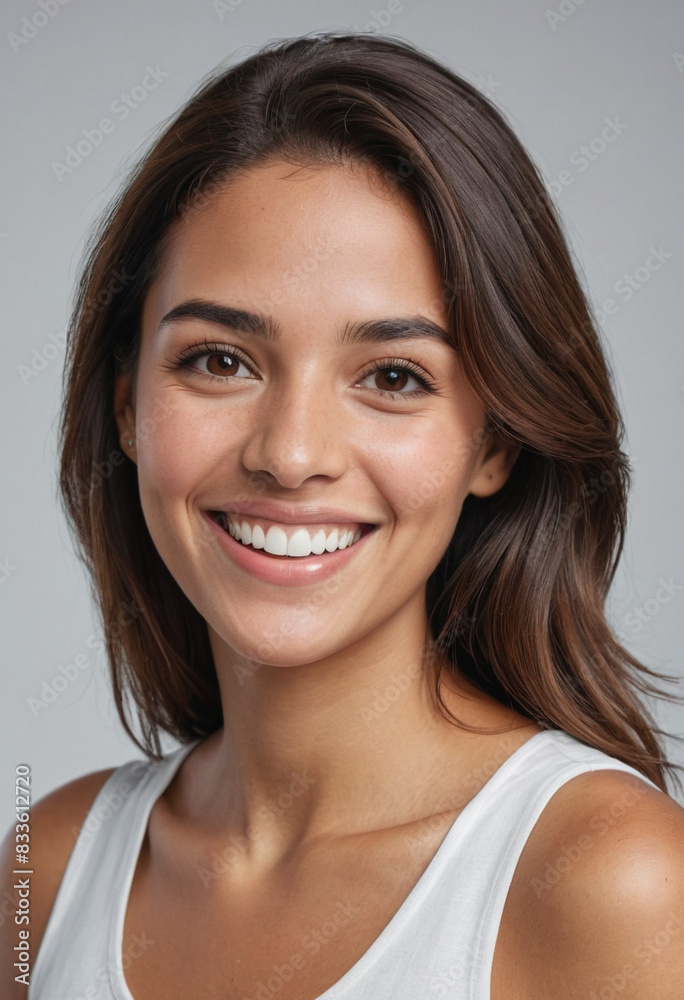 portrait view of a regular happy smiling South Americans woman , ultra realistic, candid, social media, avatar image, plain solid background portrait view of a regular happy smiling South Americans woman , ultra realistic, candid, social media, avatar image, plain solid background