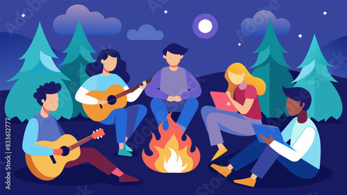 The peaceful sound of acoustic guitar and voices harmonizing coming from a group of teens gathered around a campfire.. Vector illustration