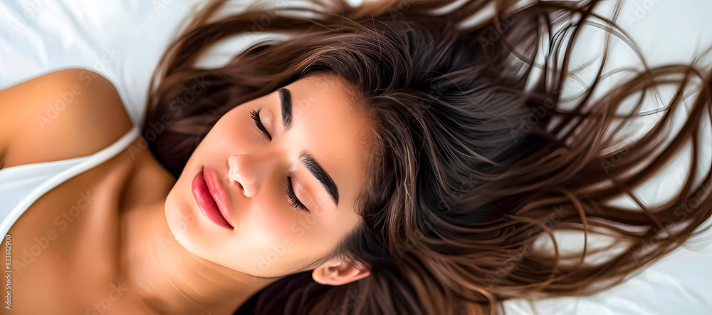 Top view of an attractive woman with loose hair lying on a white bed