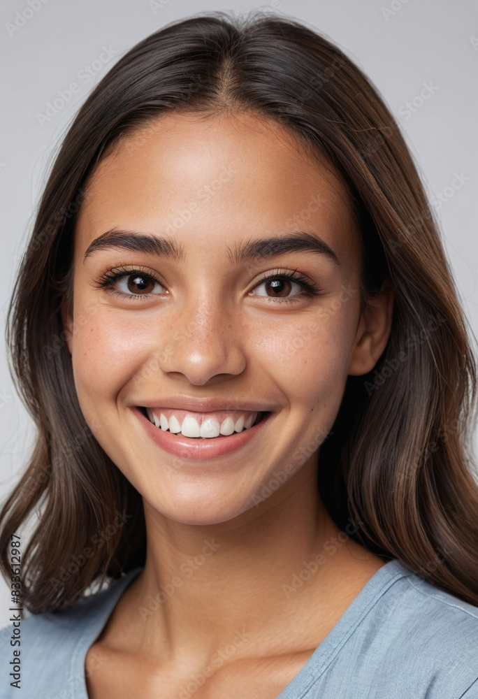 portrait view of a regular happy smiling South Americans girl , ultra realistic, candid, social media, avatar image, plain solid background portrait view of a regular happy smiling South Americans girl , ultra realistic, candid, social media, avatar image, plain solid background