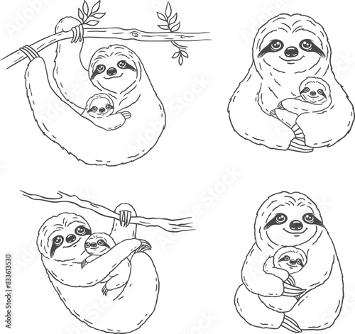 set of mom and baby sloth, vector, isolated outline drawing.