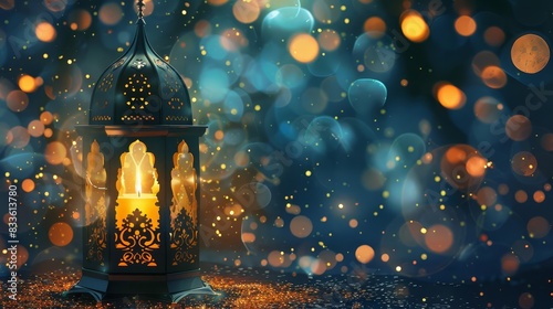 Ornate lantern with a lit candle  glowing against a backdrop of shimmering blue and gold lights.