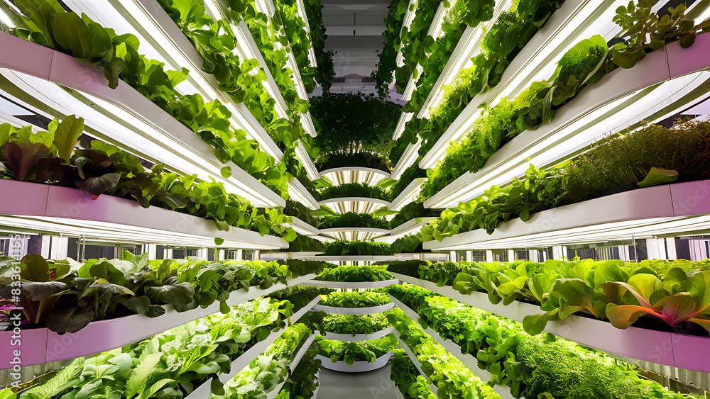 Vertical farm facility, showcasing rows of leafy greens and herbs growing vertically in stacked layers under artificial lighting, sustainable farming practices for urban agriculture food production Vertical farm facility, showcasing rows of leafy greens and herbs growing vertically in stacked layers under artificial lighting, sustainable farming practices for urban agriculture food production