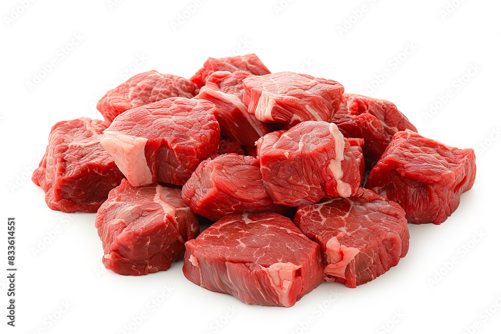 Pile of beef cubes isolated on white..