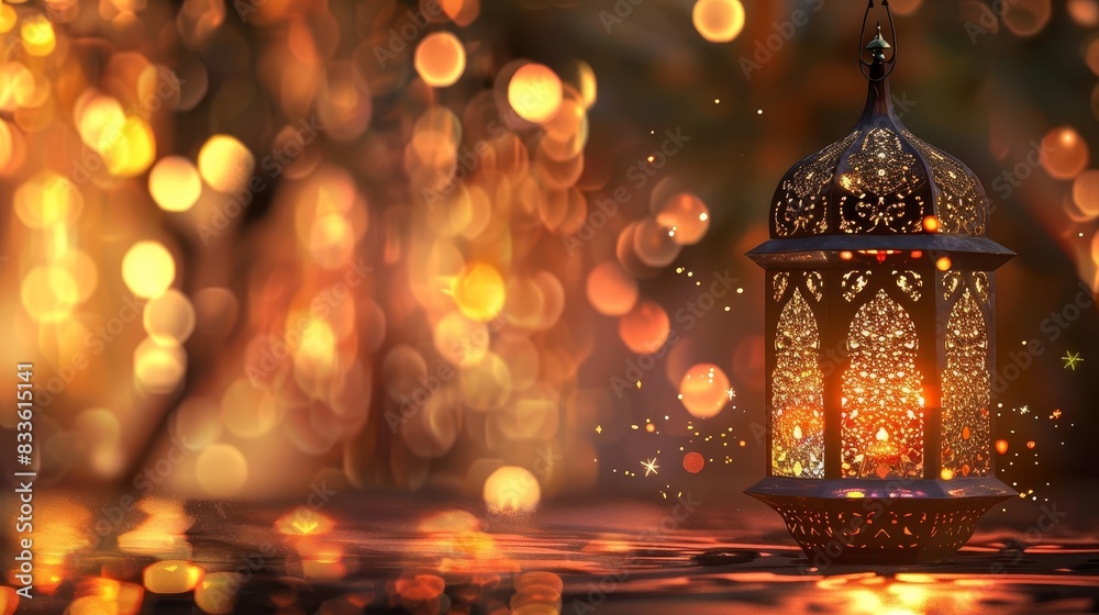 Ornate lantern with warm glow and bokeh lights, celebrating Ramadan. Ornate lantern with warm glow and bokeh lights, celebrating Ramadan.