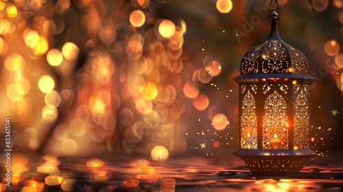Ornate lantern with warm glow and bokeh lights, celebrating Ramadan.