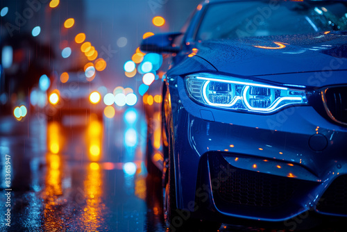 Blue car lights at night, ai technology