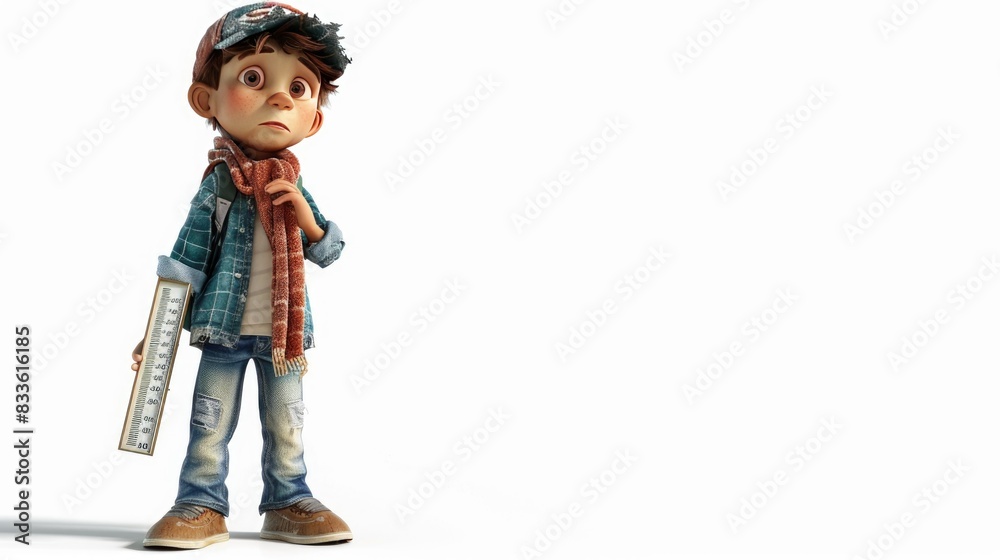 3D child person character holding a large, cracked thermometer, emphasizing the rising temperatures due to global warming, isolated with ample copy space. 3D child person character holding a large, cracked thermometer, emphasizing the rising temperatures due to global warming, isolated with ample copy space.