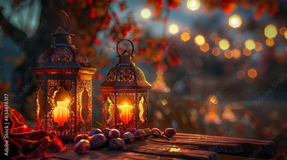 Ornamental Arabic lanterns with burning candles Ornamental Arabic lanterns with burning candles