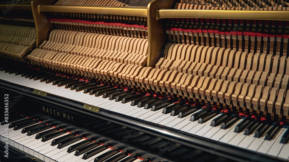 Detailed view of a piano showcasing numerous keys Detailed view of a piano showcasing numerous keys