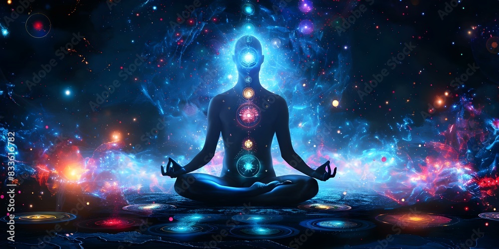 Meditative Background with Chakras, Prana, and Cosmic Universe Themes. Concept Meditative Background, Chakras, Prana, Cosmic Universe, Spiritual Energy Meditative Background with Chakras, Prana, and Cosmic Universe Themes. Concept Meditative Background, Chakras, Prana, Cosmic Universe, Spiritual Energy