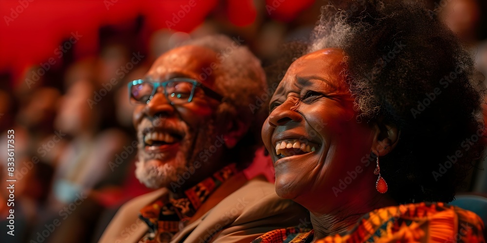 Elderly African American couple enjoying a comedy show in theater. Concept Comedy Show, Theater, Elderly Couple, African American, Enjoyment