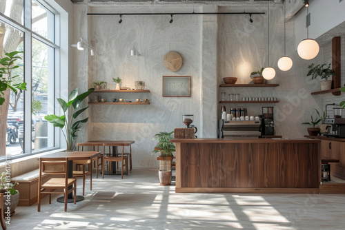 A cozy  minimalist coffee shop with modern decor