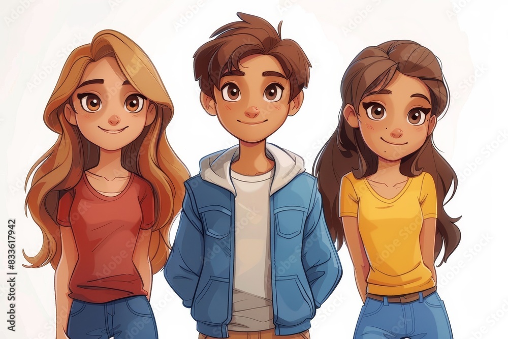 Three animated characters are seen together, with a female character on each side of a male character, all exhibiting happy vibes Three animated characters are seen together, with a female character on each side of a male character, all exhibiting happy vibes