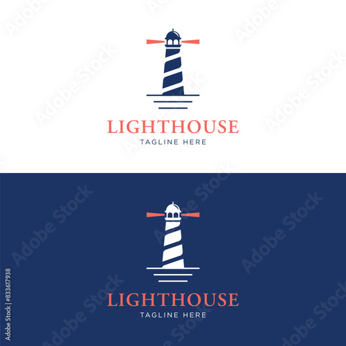 Creative harbor lighthouse building template logo vintage design.