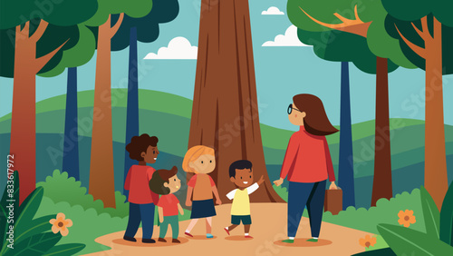Amidst towering redwood trees children learn about the fascinating life cycle and importance of these majestic giants in a guided walk through the. Vector illustration