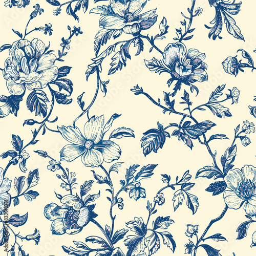 Toile De Jouy Vintage Floral Seamless Pattern Elegant Vector Graphics