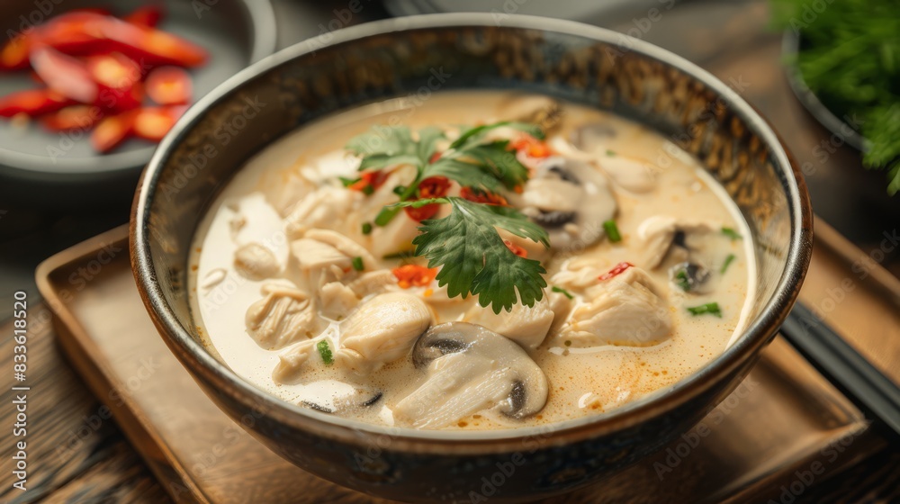 A bowl of aromatic Tom Kha Gai, a coconut milk soup with chicken, mushrooms, and galangal, offering a comforting flavor A bowl of aromatic Tom Kha Gai, a coconut milk soup with chicken, mushrooms, and galangal, offering a comforting flavor